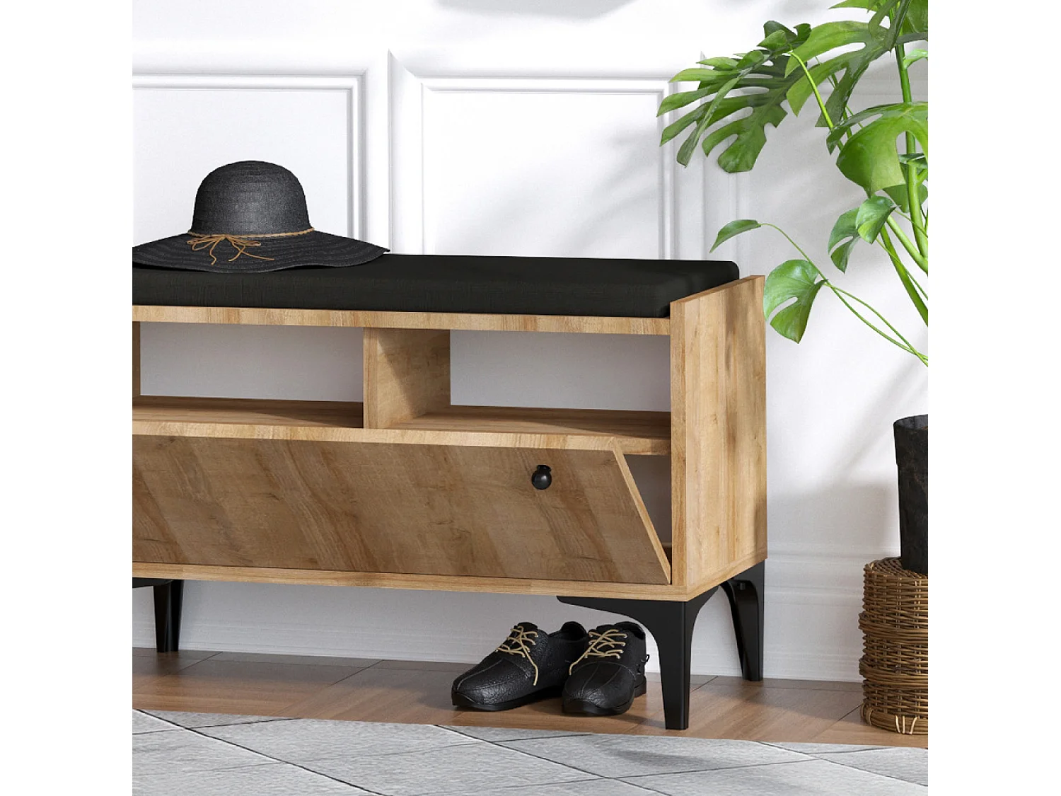 Meuble d'entrée avec meuble à chaussures banquette et vestiaire mural en bois LUANA