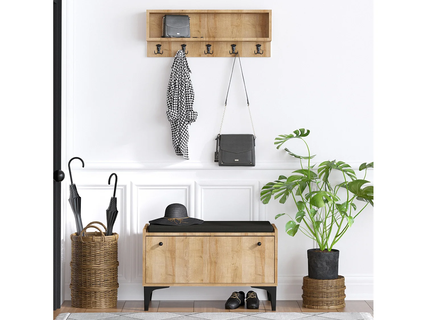 Meuble d'entrée avec meuble à chaussures banquette et vestiaire mural en bois LUANA