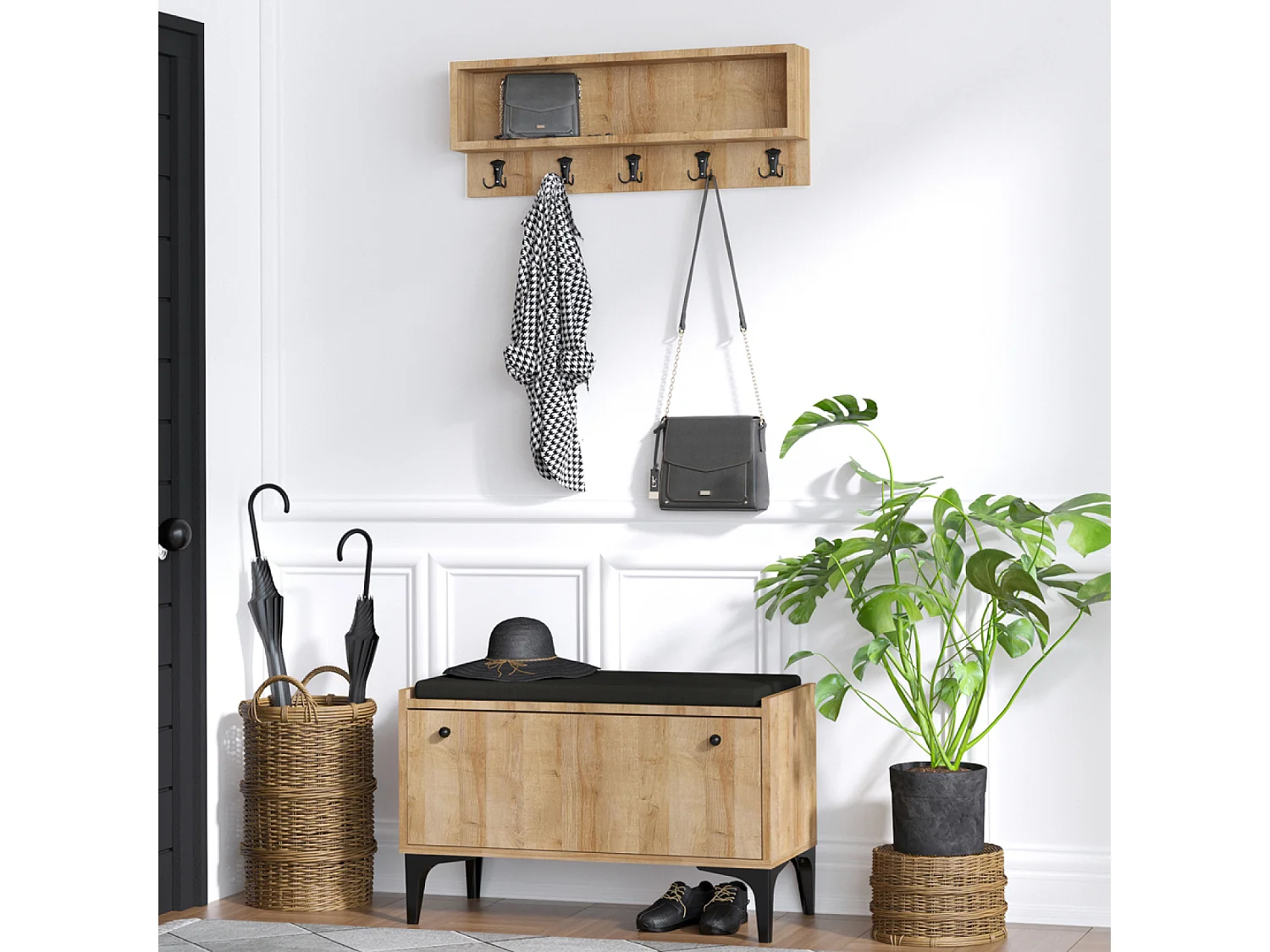 Meuble d'entrée avec meuble à chaussures banquette et vestiaire mural en bois LUANA