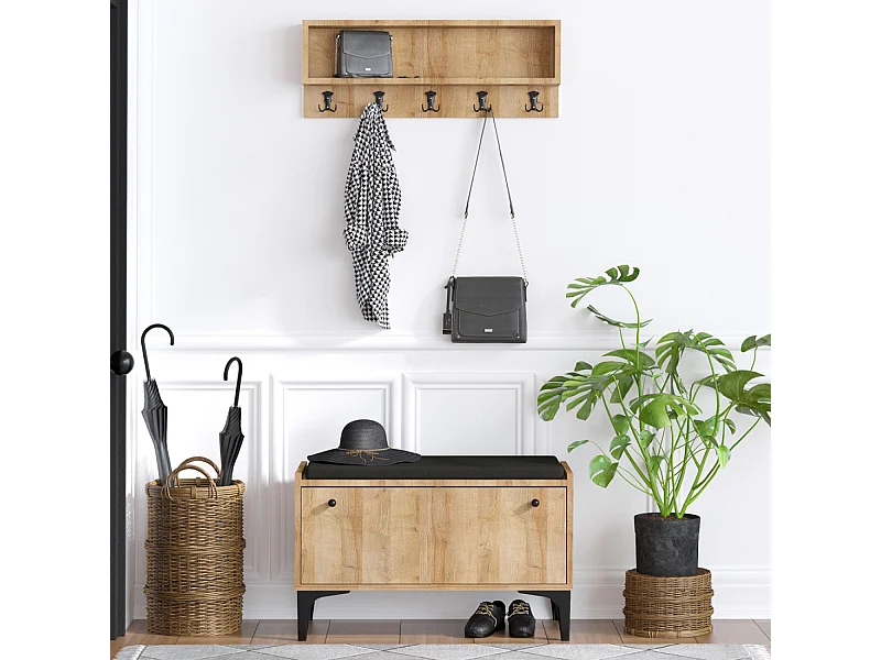 Mobile d'ingresso in legno LUANA con panca, mobile porta scarpe e attaccapanni da parete