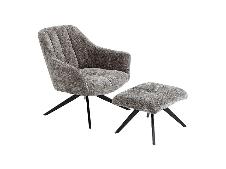 Fauteuil rotatif 360° et repose-pied tissu gris pieds métal – GILLIAN