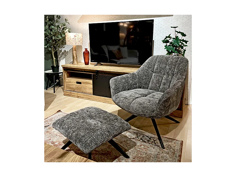 Fauteuil rotatif 360° et repose-pied tissu gris pieds métal – GILLIAN