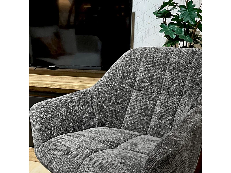 Fauteuil rotatif 360° et repose-pied tissu gris pieds métal – GILLIAN