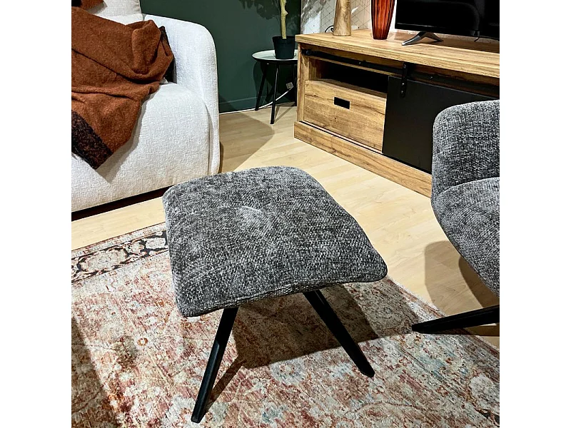 Fauteuil rotatif 360° et repose-pied tissu gris pieds métal – GILLIAN