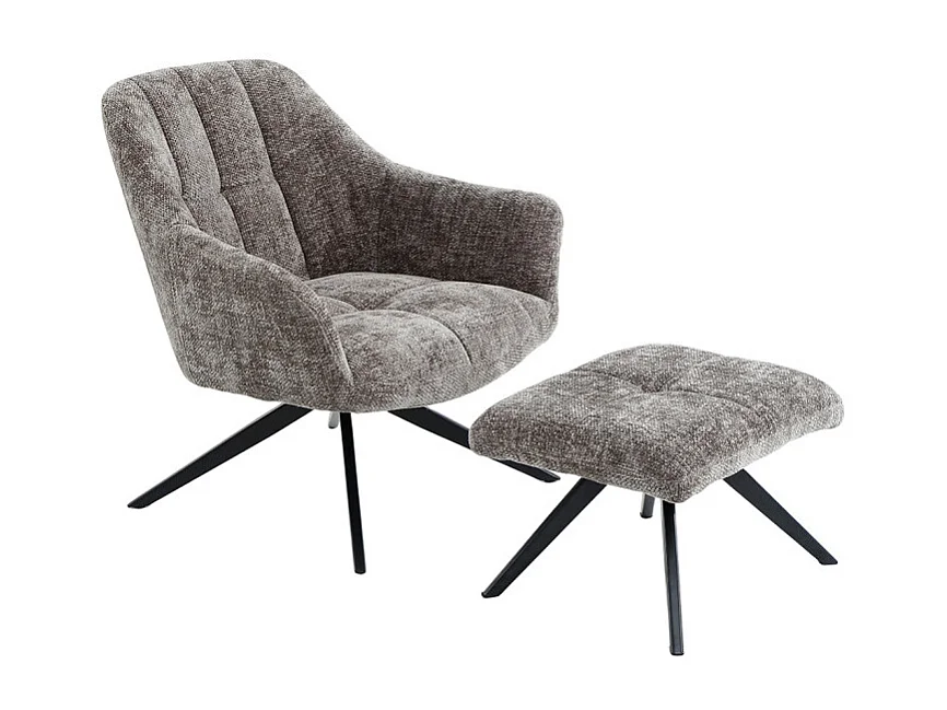 Fauteuil rotatif 360° et repose-pied tissu gris pieds métal – GILLIAN