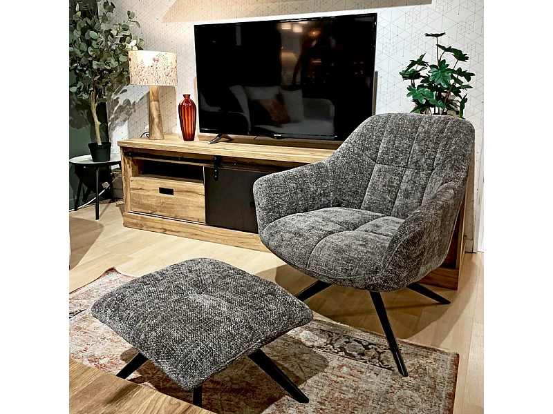 Fauteuil rotatif 360° et repose-pied tissu gris pieds métal – GILLIAN