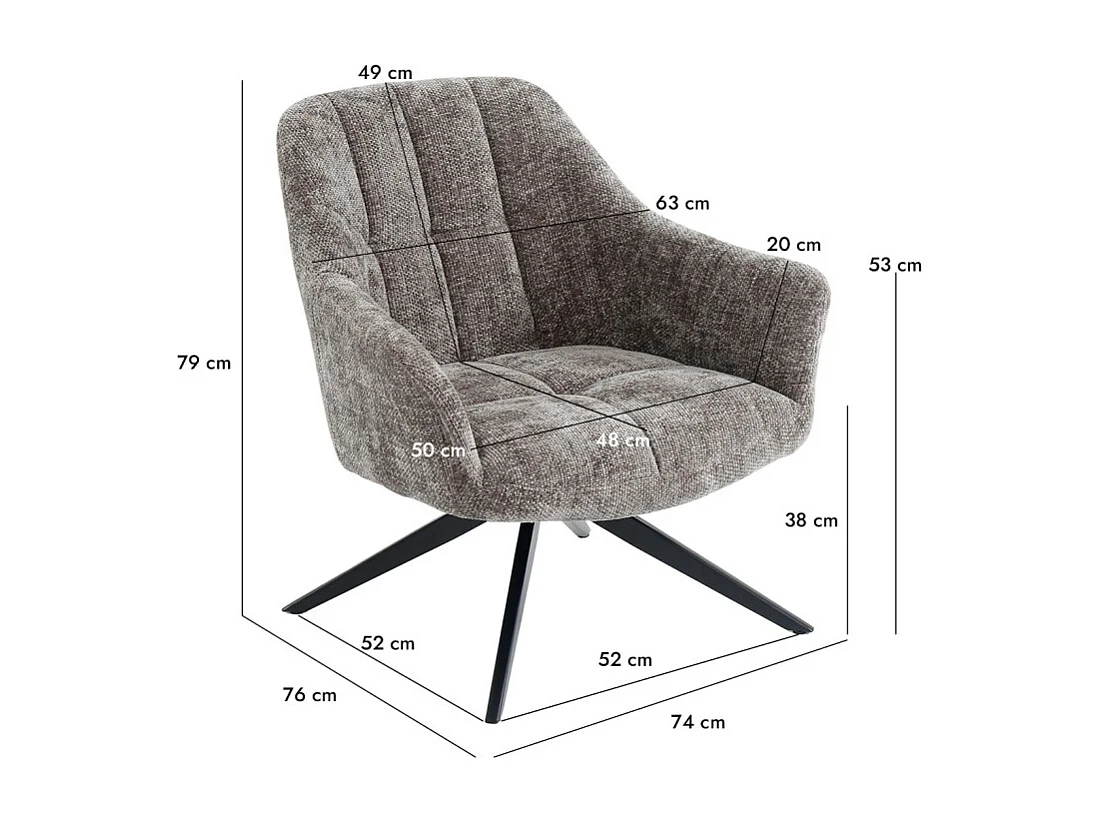Fauteuil rotatif 360° et repose-pied tissu gris pieds métal – GILLIAN