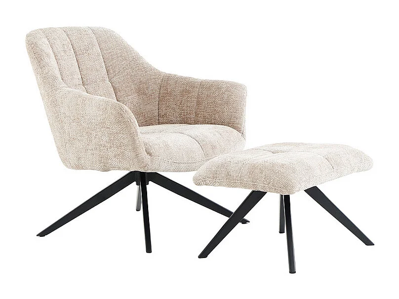 Fauteuil rotatif 360° et repose-pied tissu beige pieds métal – GILLIAN