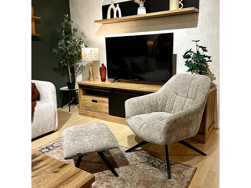 Fauteuil rotatif 360° et repose-pied tissu beige pieds métal – GILLIAN