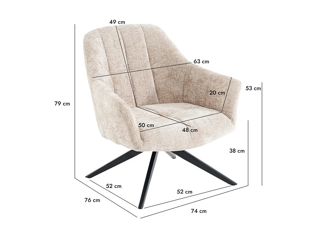 Fauteuil rotatif 360° et repose-pied tissu beige pieds métal – GILLIAN