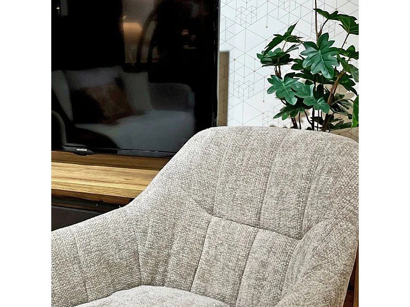 Fauteuil rotatif 360° et repose-pied tissu beige pieds métal – GILLIAN