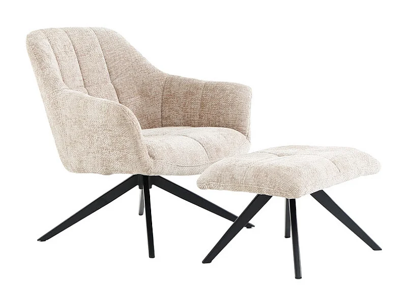 Fauteuil rotatif 360° et repose-pied tissu beige pieds métal – GILLIAN
