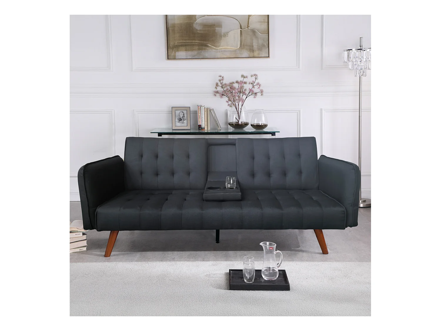 Canapé 3 places convertible avec tablette centrale rabattable noir INVERNESS