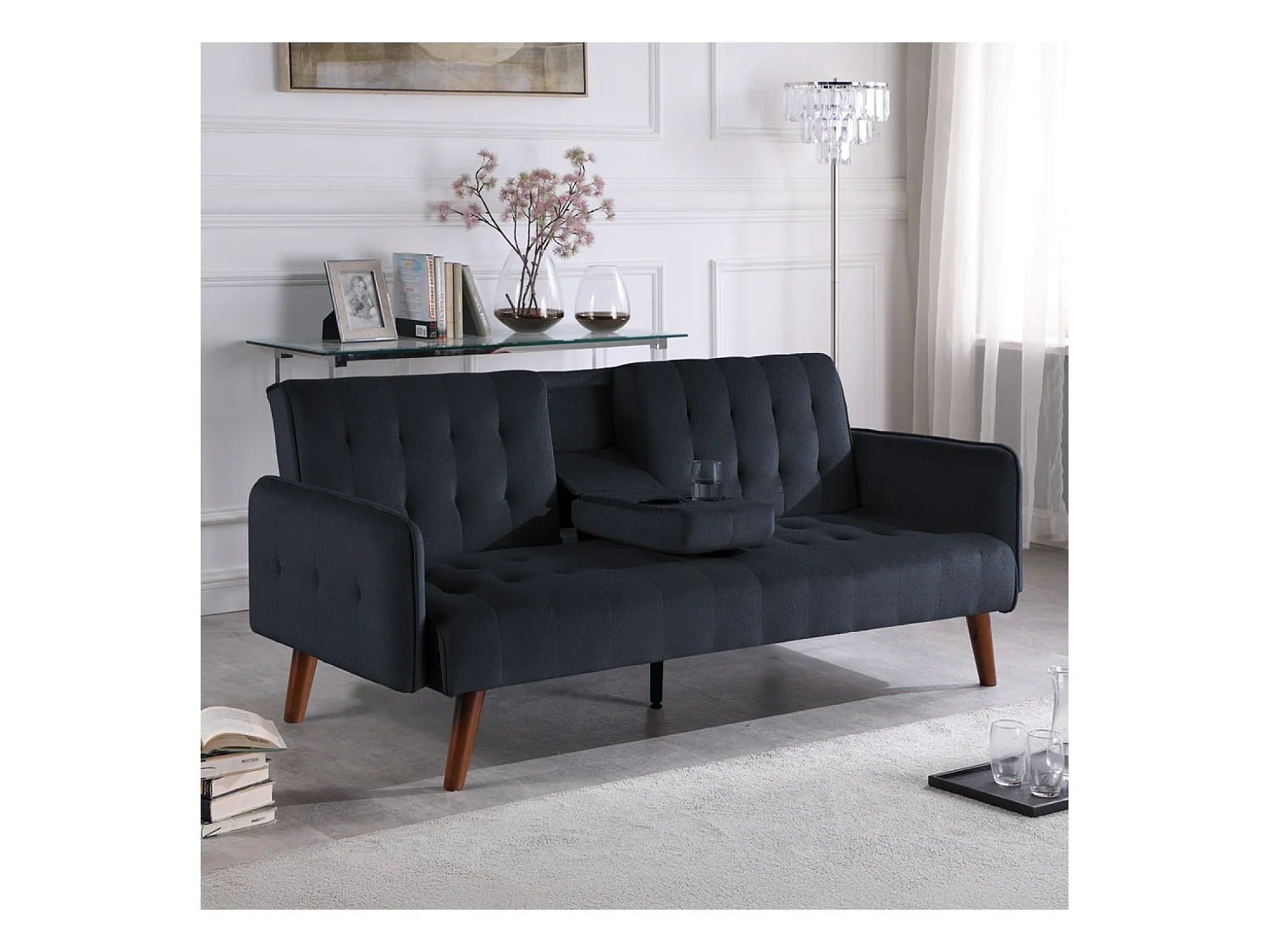 Canapé 3 places convertible avec tablette centrale rabattable noir INVERNESS