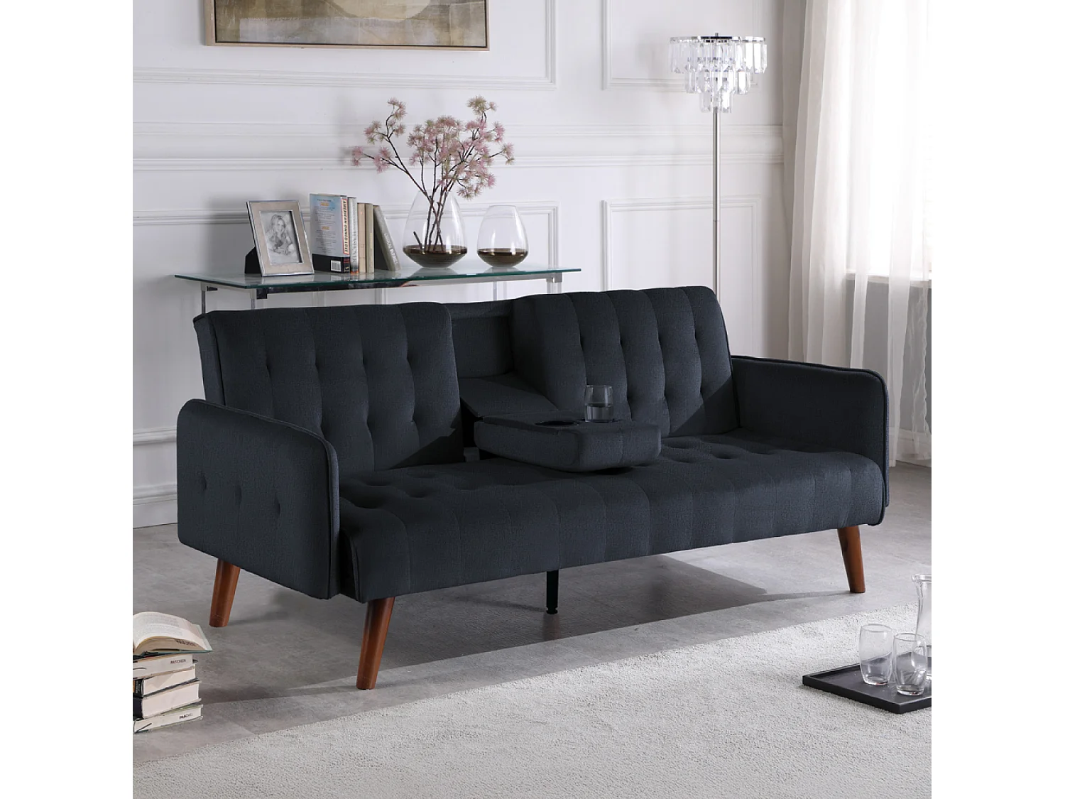 Canapé 3 places convertible avec tablette centrale rabattable noir INVERNESS