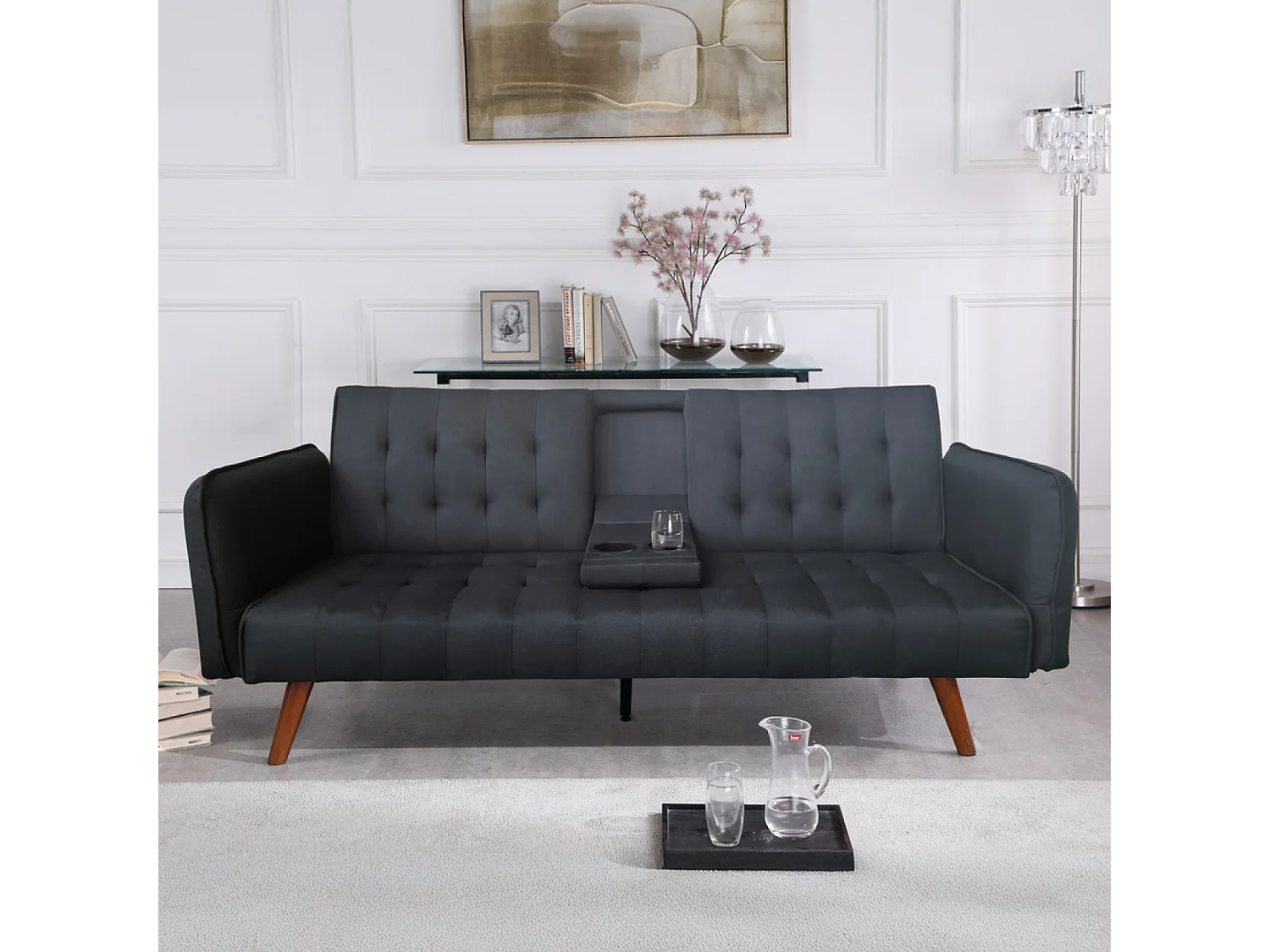 Canapé 3 places convertible avec tablette centrale rabattable noir INVERNESS