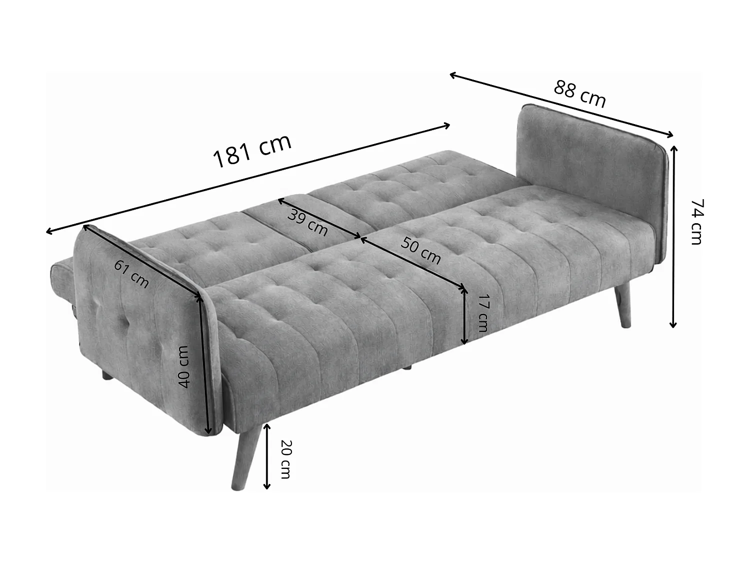 Canapé 3 places convertible avec tablette centrale rabattable noir INVERNESS