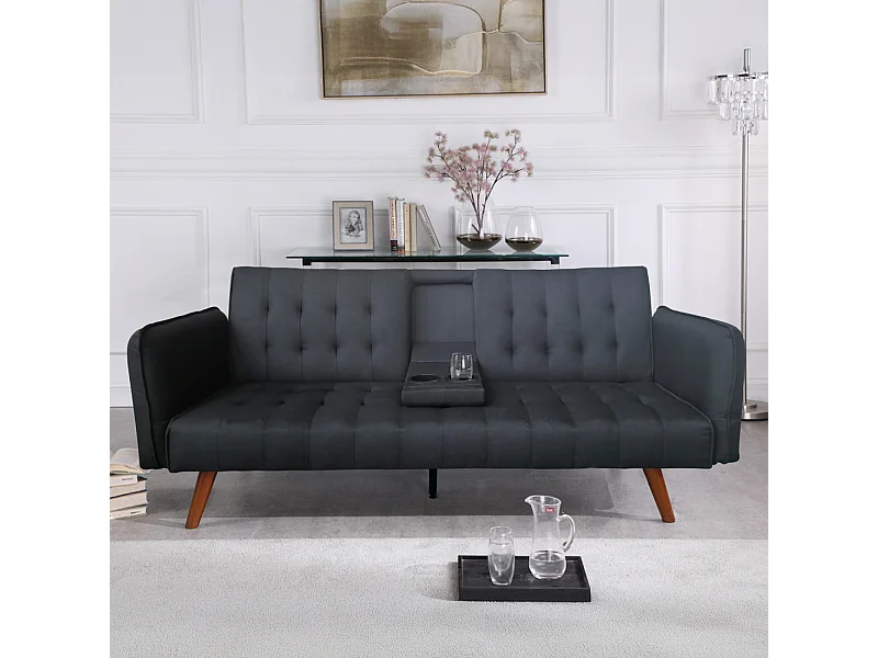 Canapé Conversível 3 Lugares Preto INVERNESS com Mesa Central Rebatível - Conforto Ótimo e Design Moderno