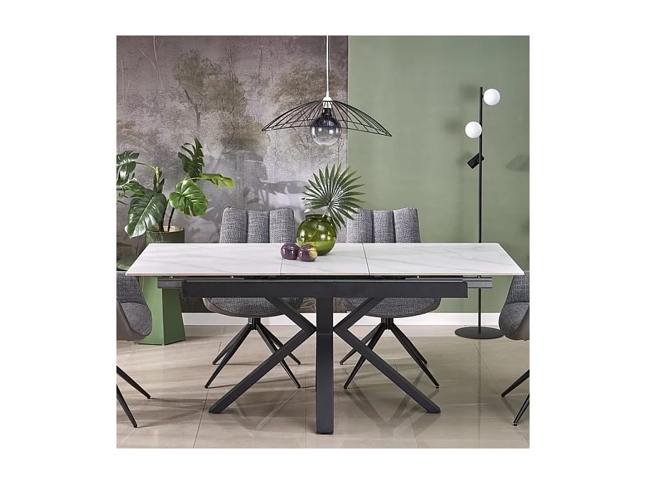 Mesa de comedor de diseño JUAN de aspecto mármol blanco 140-180 cm