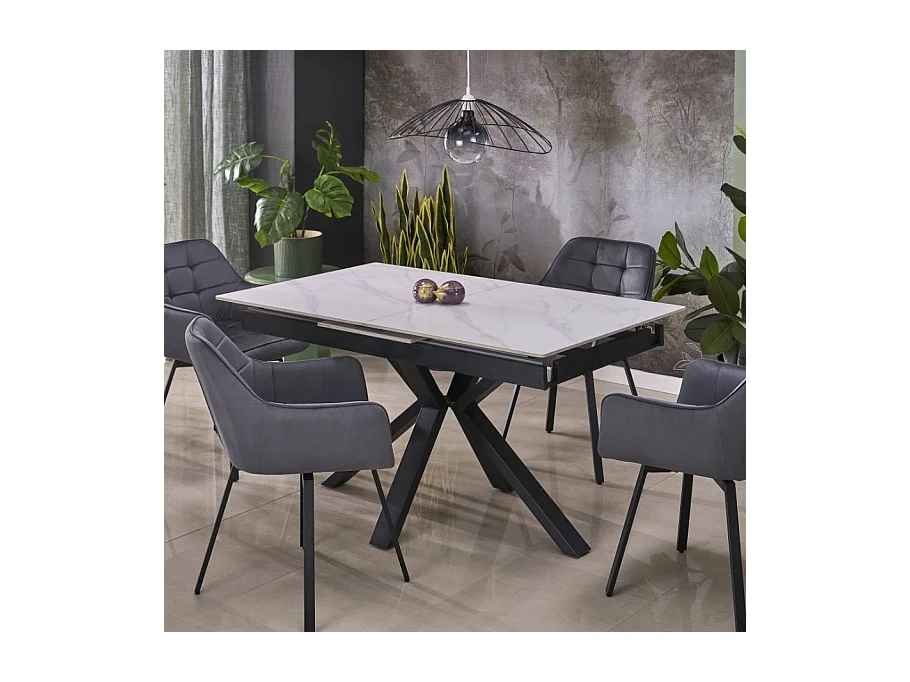 Mesa de comedor de diseño JUAN de aspecto mármol blanco 140-180 cm