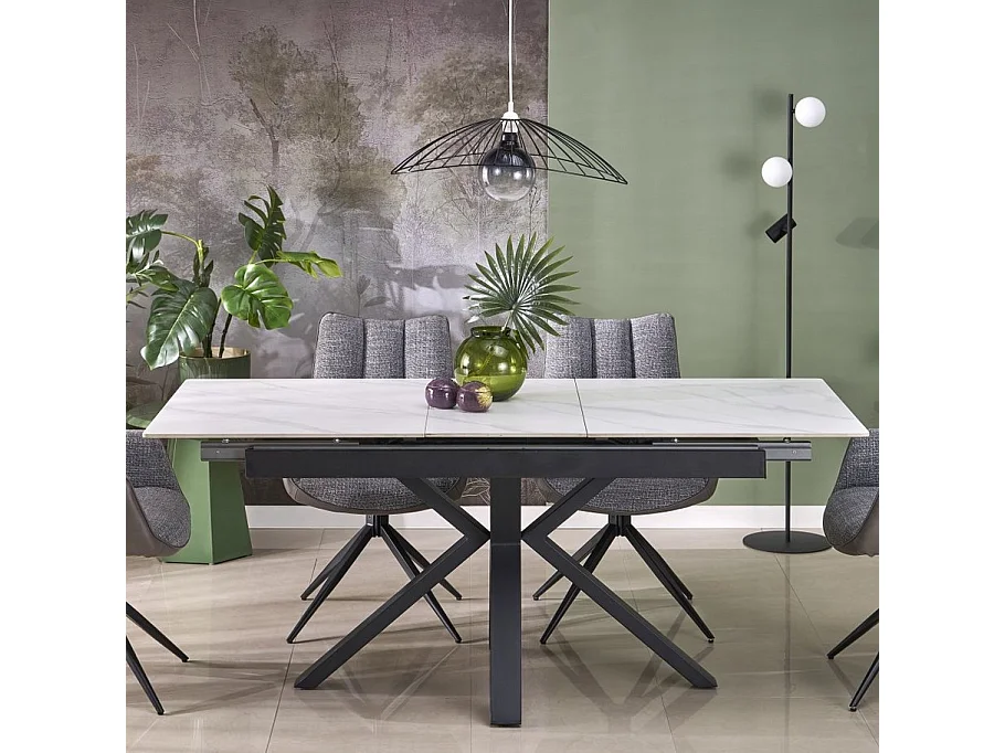 Mesa de comedor de diseño JUAN de aspecto mármol blanco 140-180 cm