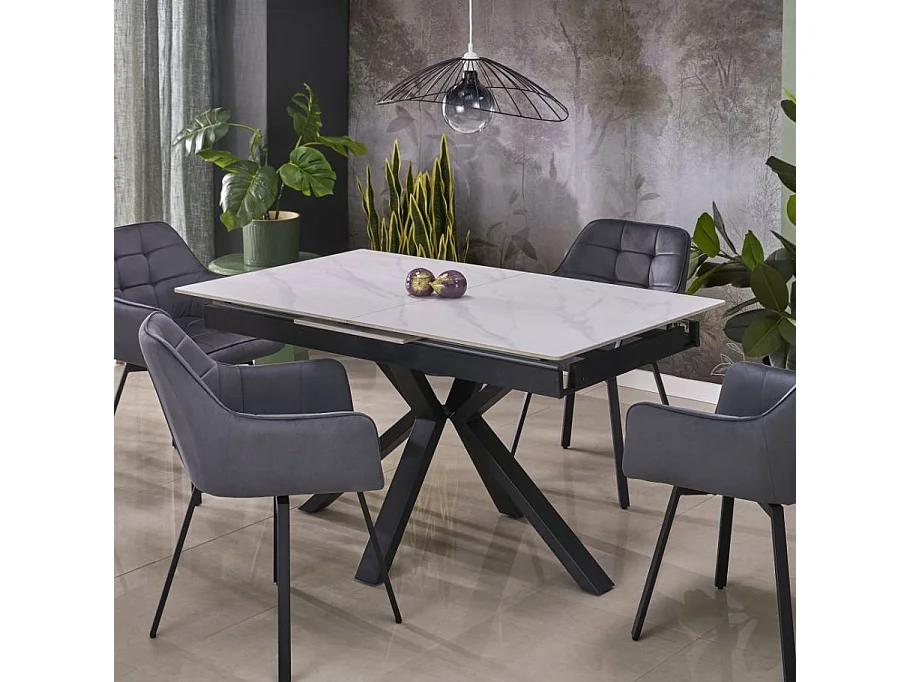 Mesa de comedor de diseño JUAN de aspecto mármol blanco 140-180 cm