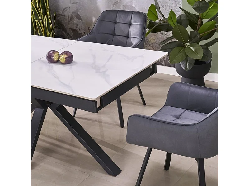 Mesa de comedor de diseño JUAN de aspecto mármol blanco 140-180 cm