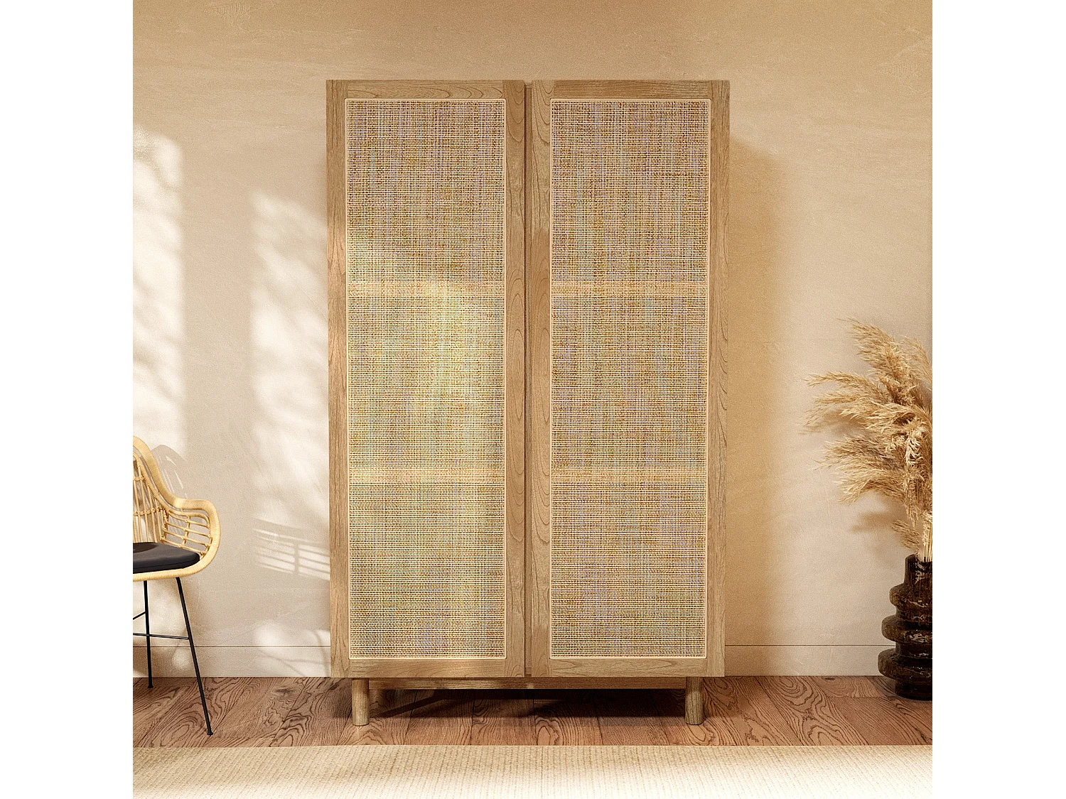 Armoire en bois massif de mindi et rotin - Delya