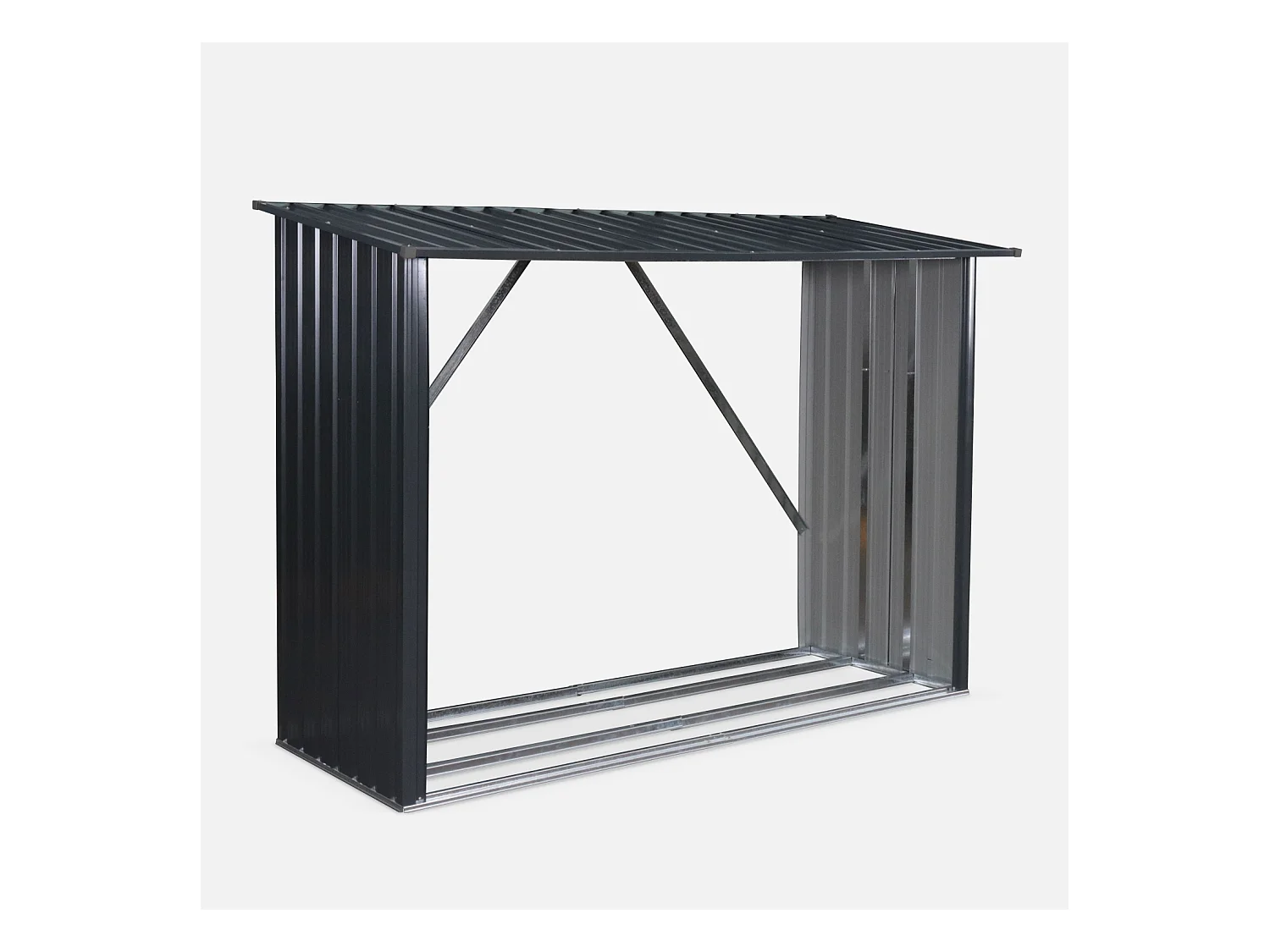 Bûcher en métal de 80 x 215 x 155 cm. gris anthracite - Épicéa -  abri bûches en acier galvanisé. 2 stères