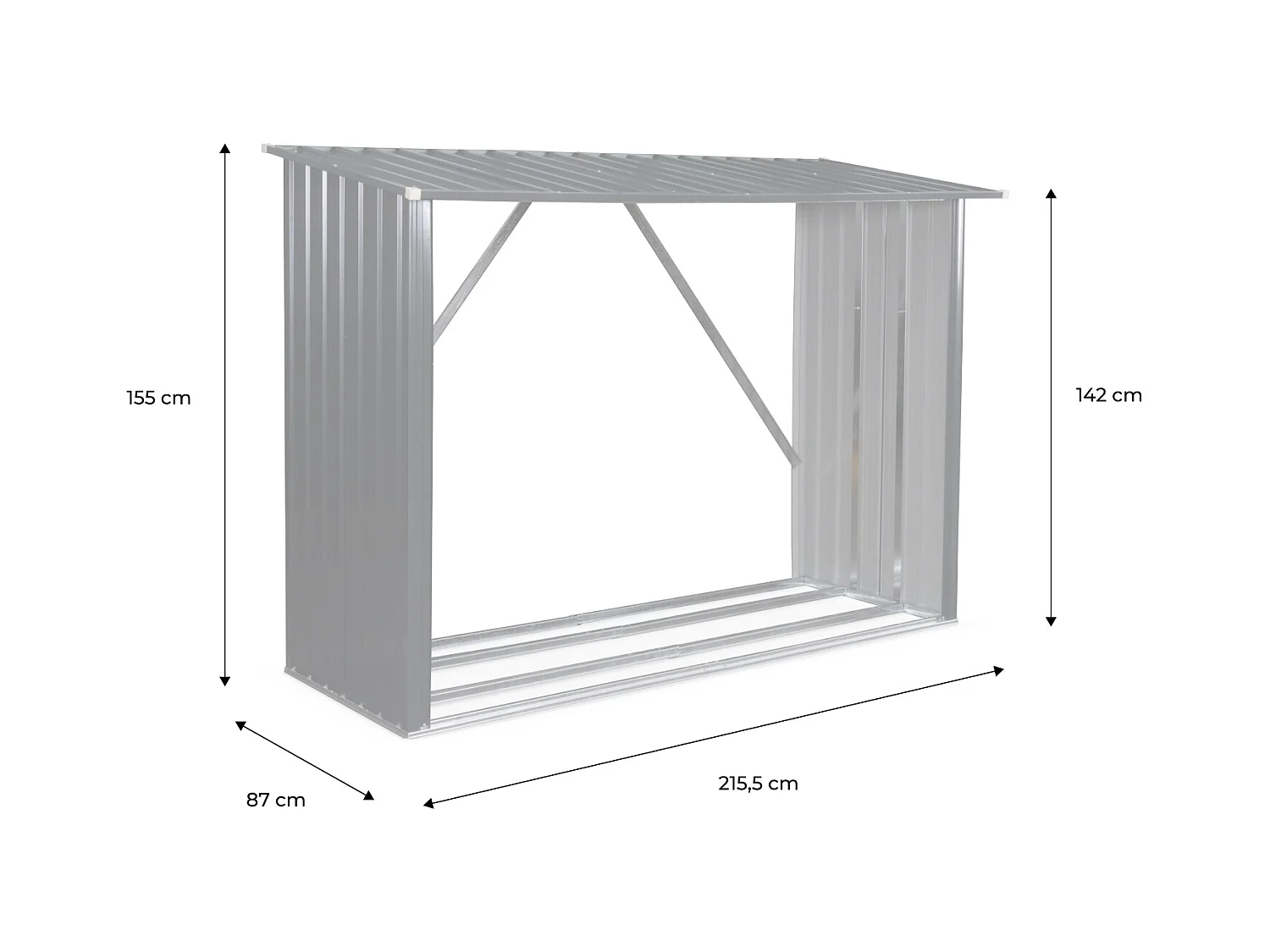 Bûcher en métal de 80 x 215 x 155 cm. gris anthracite - Épicéa -  abri bûches en acier galvanisé. 2 stères
