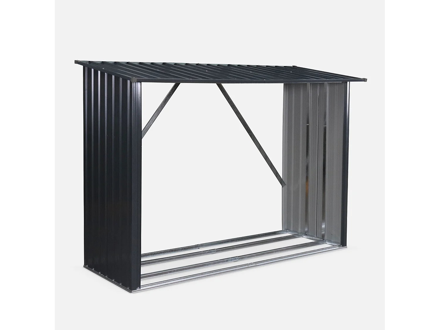 Bûcher en métal de 80 x 215 x 155 cm. gris anthracite - Épicéa -  abri bûches en acier galvanisé. 2 stères