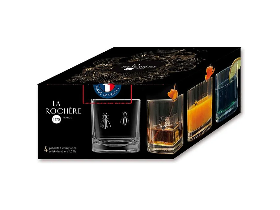 Boite de 4 verres à whisky Abeille 32 cl