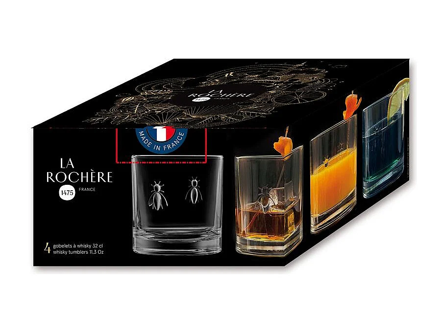 Boite de 4 verres à whisky Abeille 32 cl
