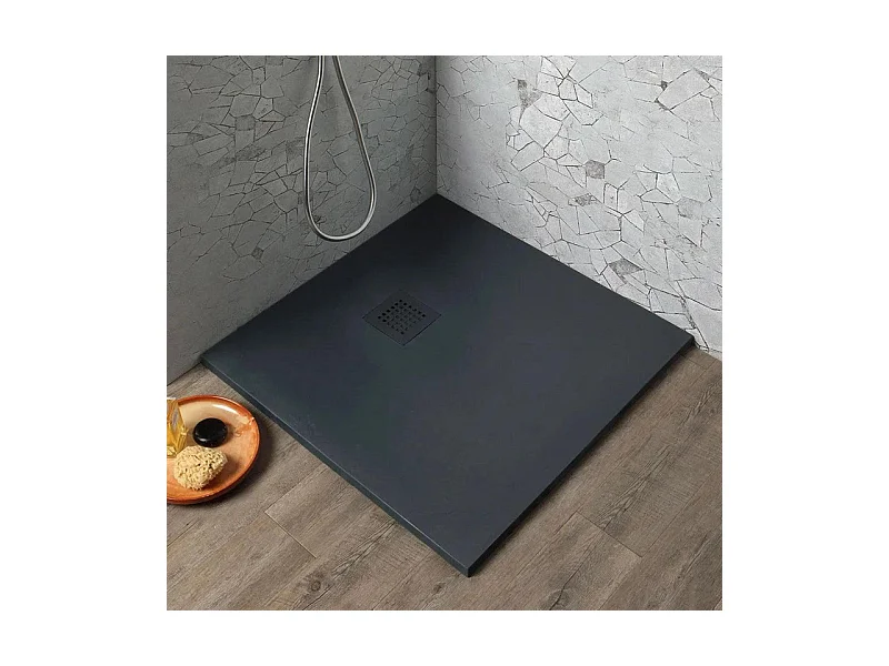 Receveur de douche fin carré noir « Milano » en résine effet pierre, antidérapant, 70x70h cm
