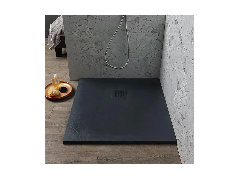 Receveur de douche fin carré noir « Milano » en résine effet pierre, antidérapant, 90x90h cm