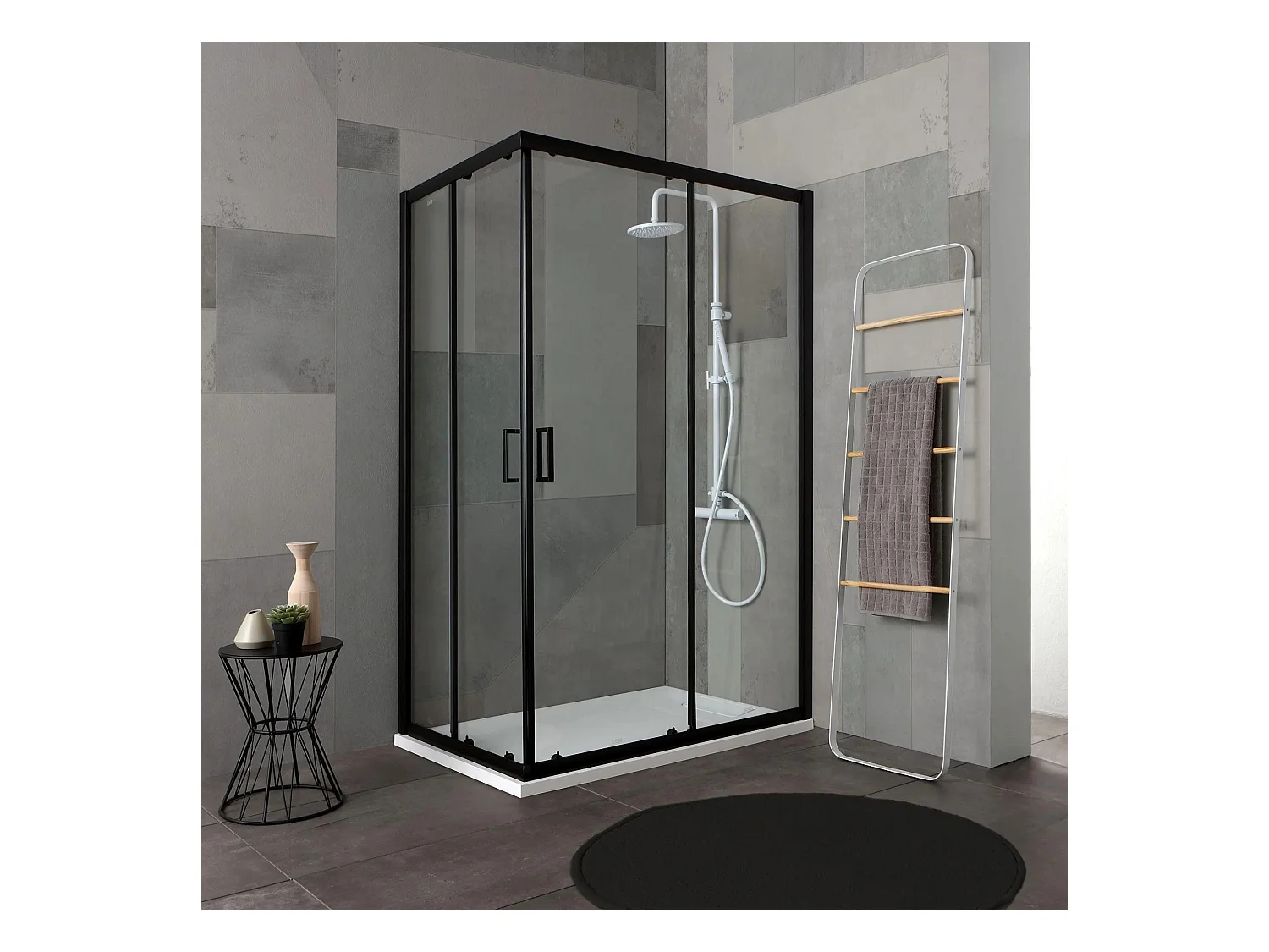 Mampara de ducha rectangular "Cielo" en cristal transparente con perfil negro mate cm 70x90 190h