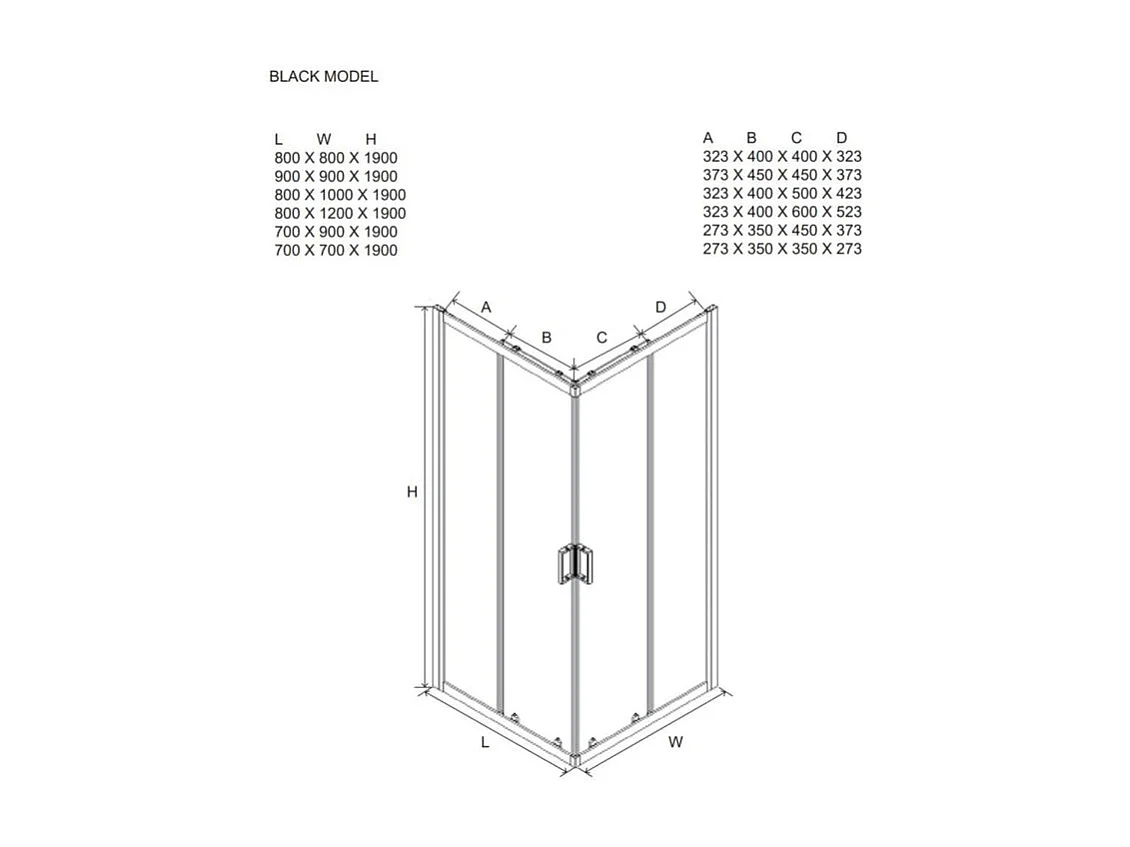 Cabine de duche retangular "Cielo" em vidro transparente com perfil preto fosco cm 70x90 190h