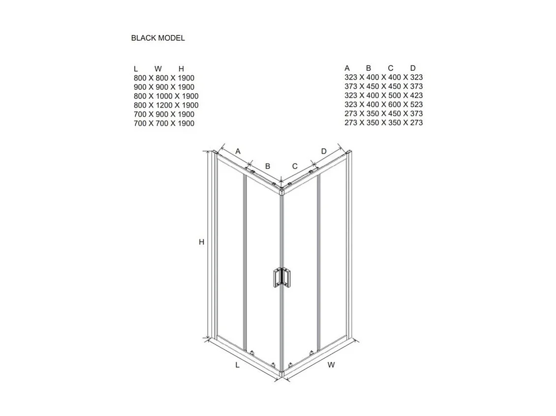 Caja doccia quadrato "Cielo" en vetro trasparente con perfil nero opaco cm 80x80 190h