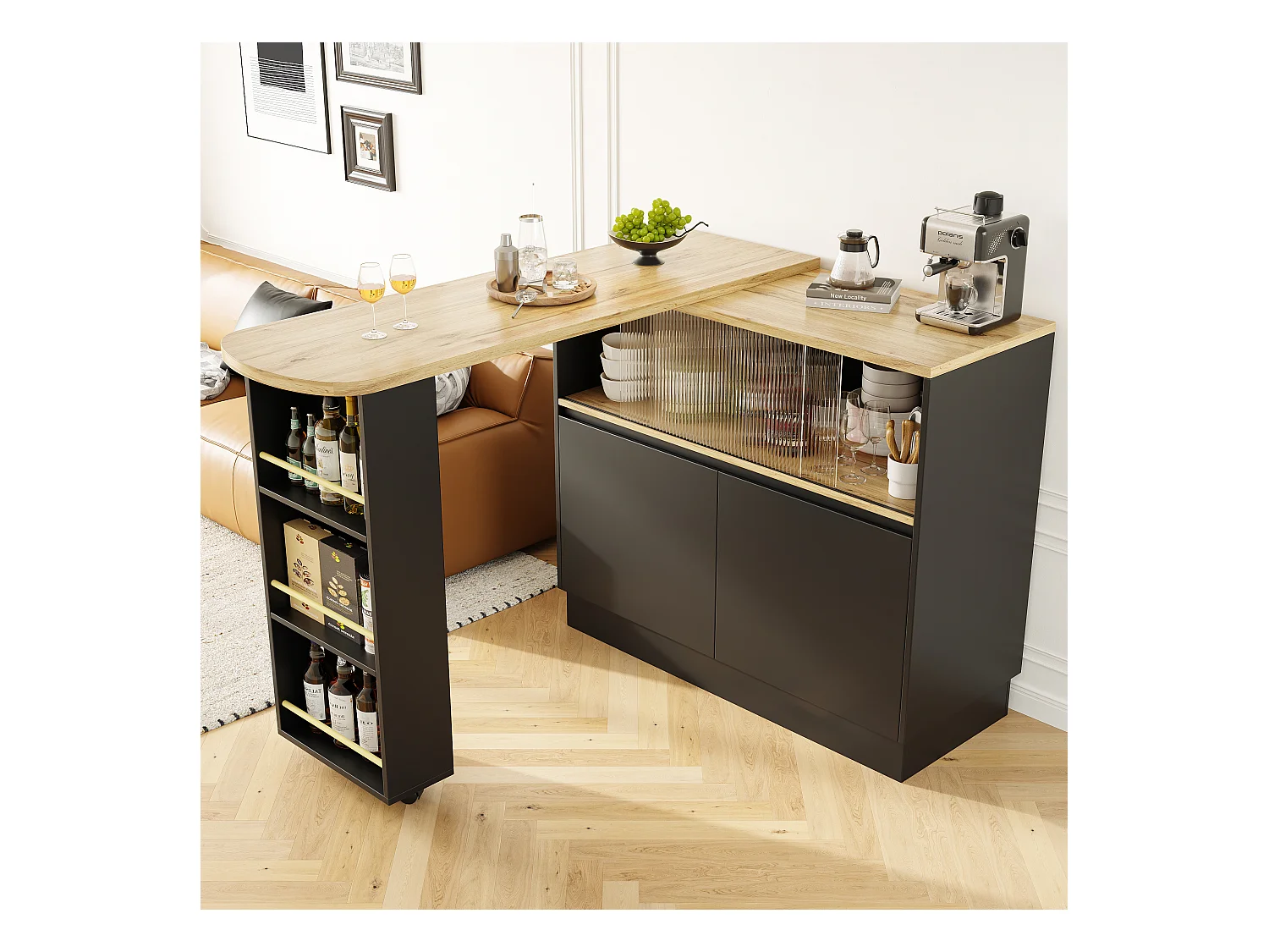 Meuble de bar pivotant avec 4 portes dont 2 portes coulissantes en verre, étagères ouvertes inclus, corps noir - 120x45x103cm