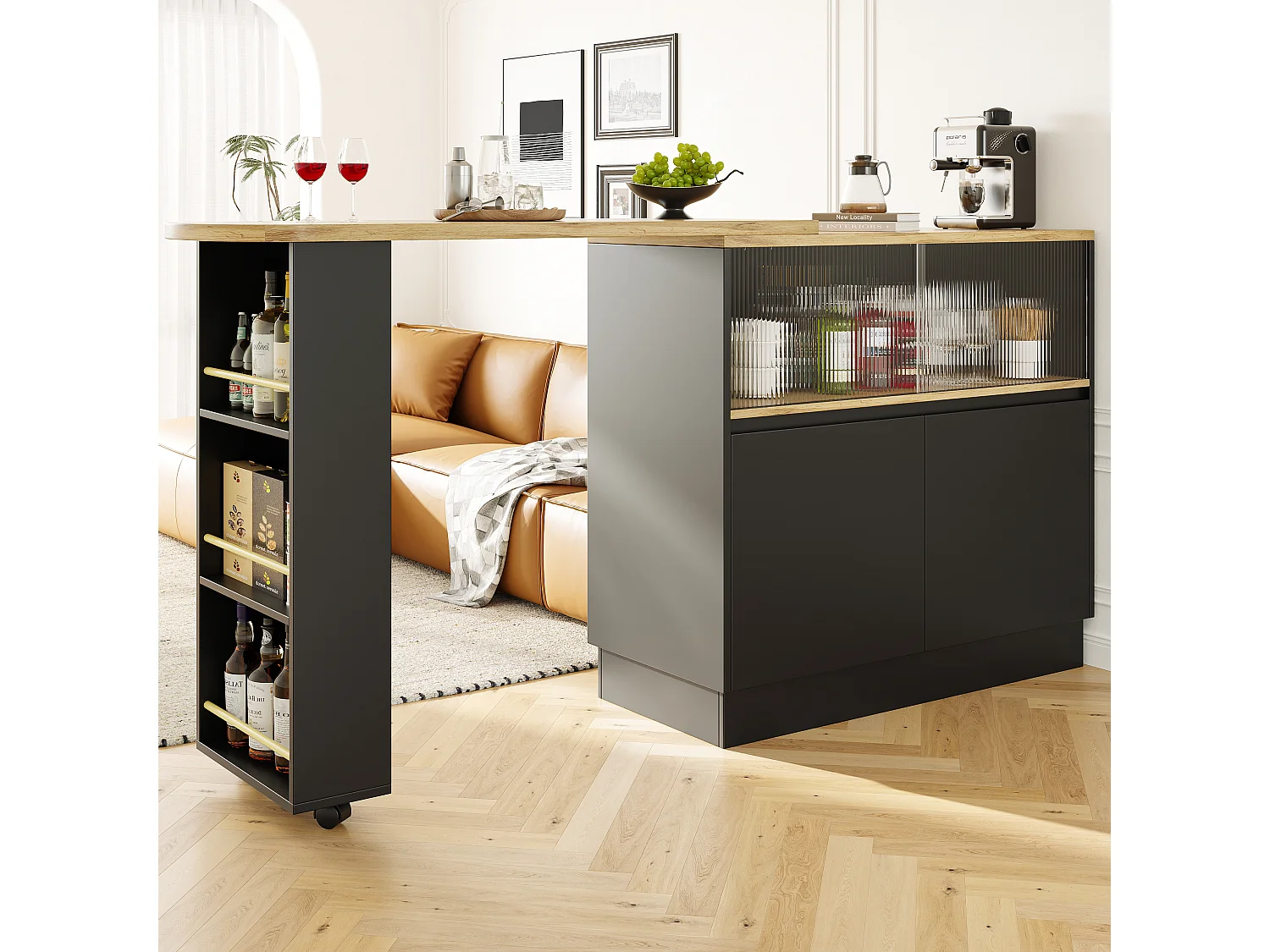 Meuble de bar pivotant avec 4 portes dont 2 portes coulissantes en verre, étagères ouvertes inclus, corps noir - 120x45x103cm