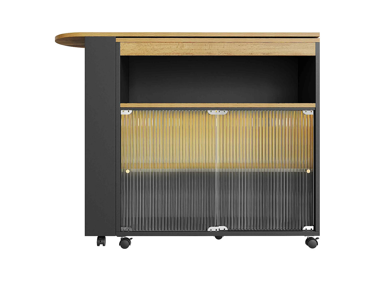 Draaibare barkast op wielen met 2 glazen schuifdeuren, 1 nis en planken, inclusief LED, MDF, zwart - 138x39x105cm