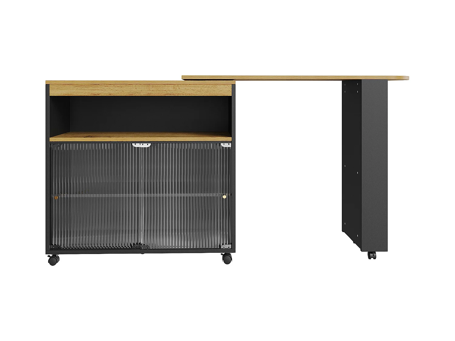 Draaibare barkast op wielen met 2 glazen schuifdeuren, 1 nis en planken, inclusief LED, MDF, zwart - 138x39x105cm