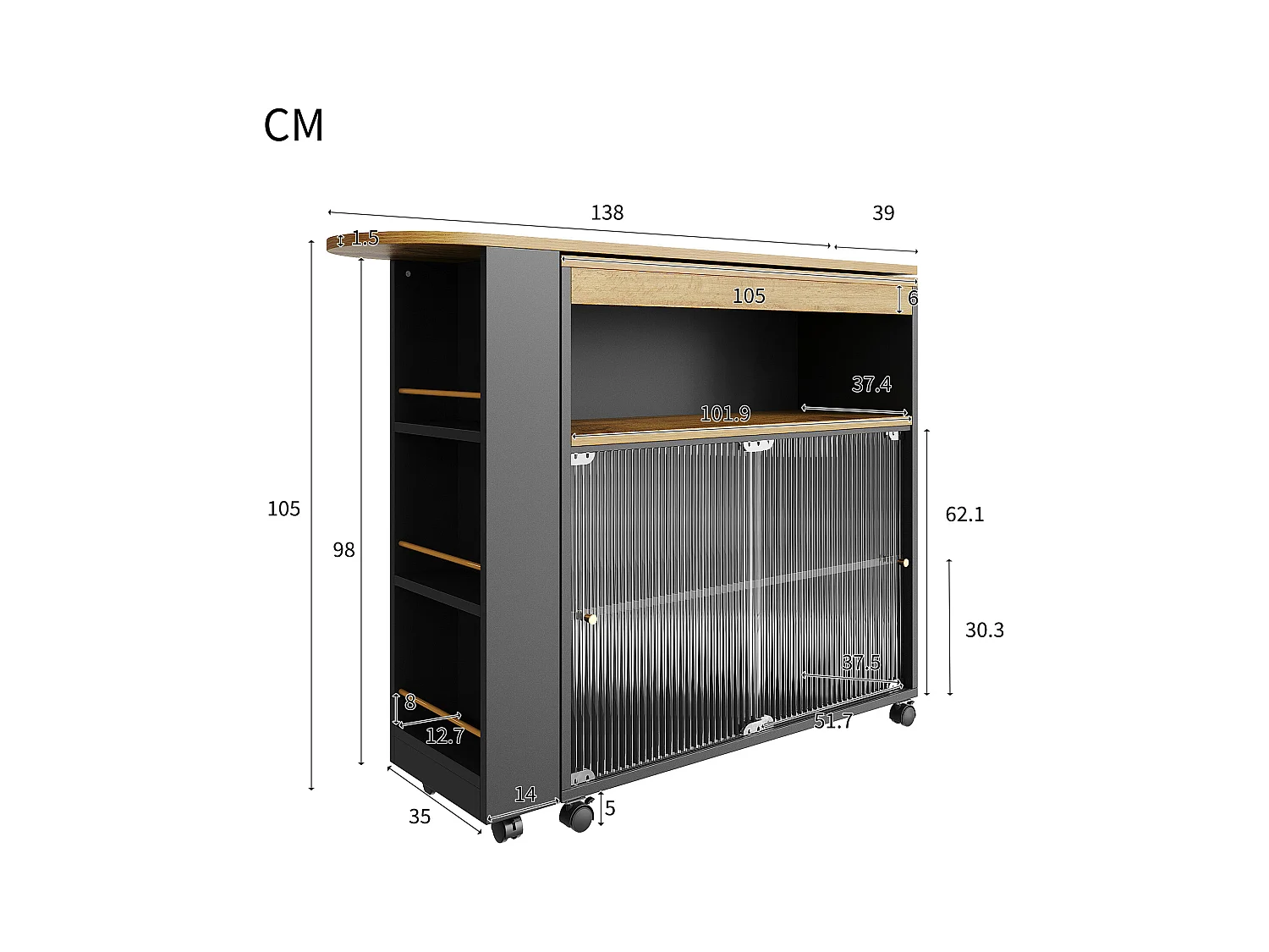 Meuble de bar pivotant sur roulettes avec 2 portes coulissants en verre, 1 niche et Étagères, LED inclus, MDF, noir - 138x39x105cm