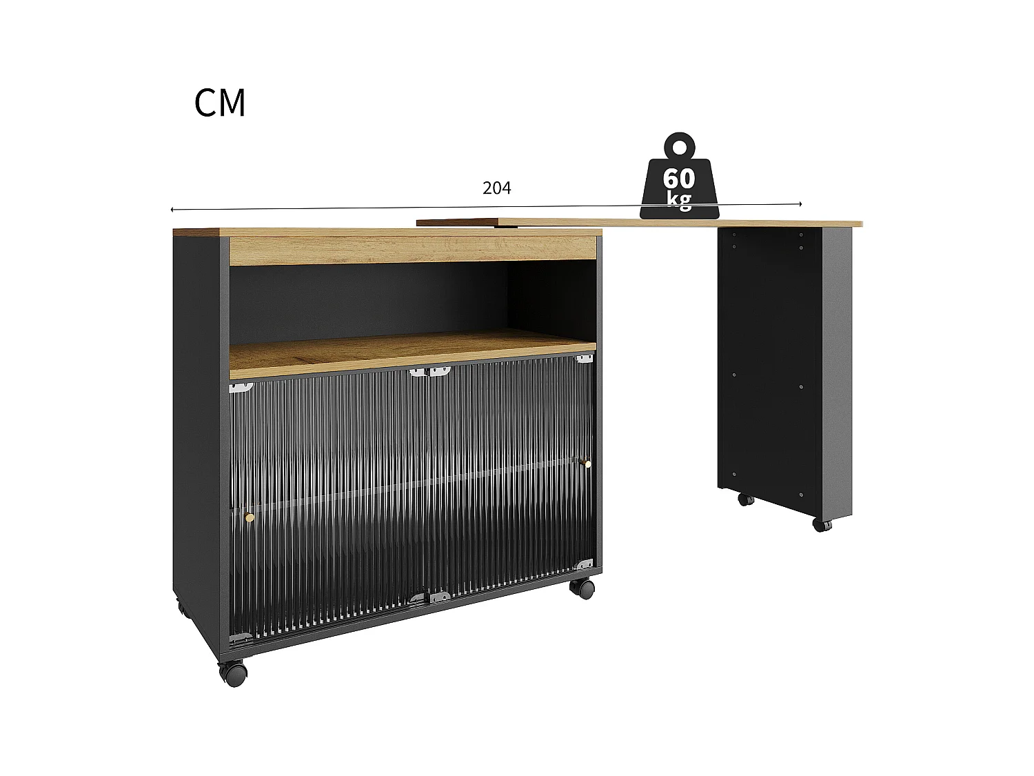 Meuble de bar pivotant sur roulettes avec 2 portes coulissants en verre, 1 niche et Étagères, LED inclus, MDF, noir - 138x39x105cm