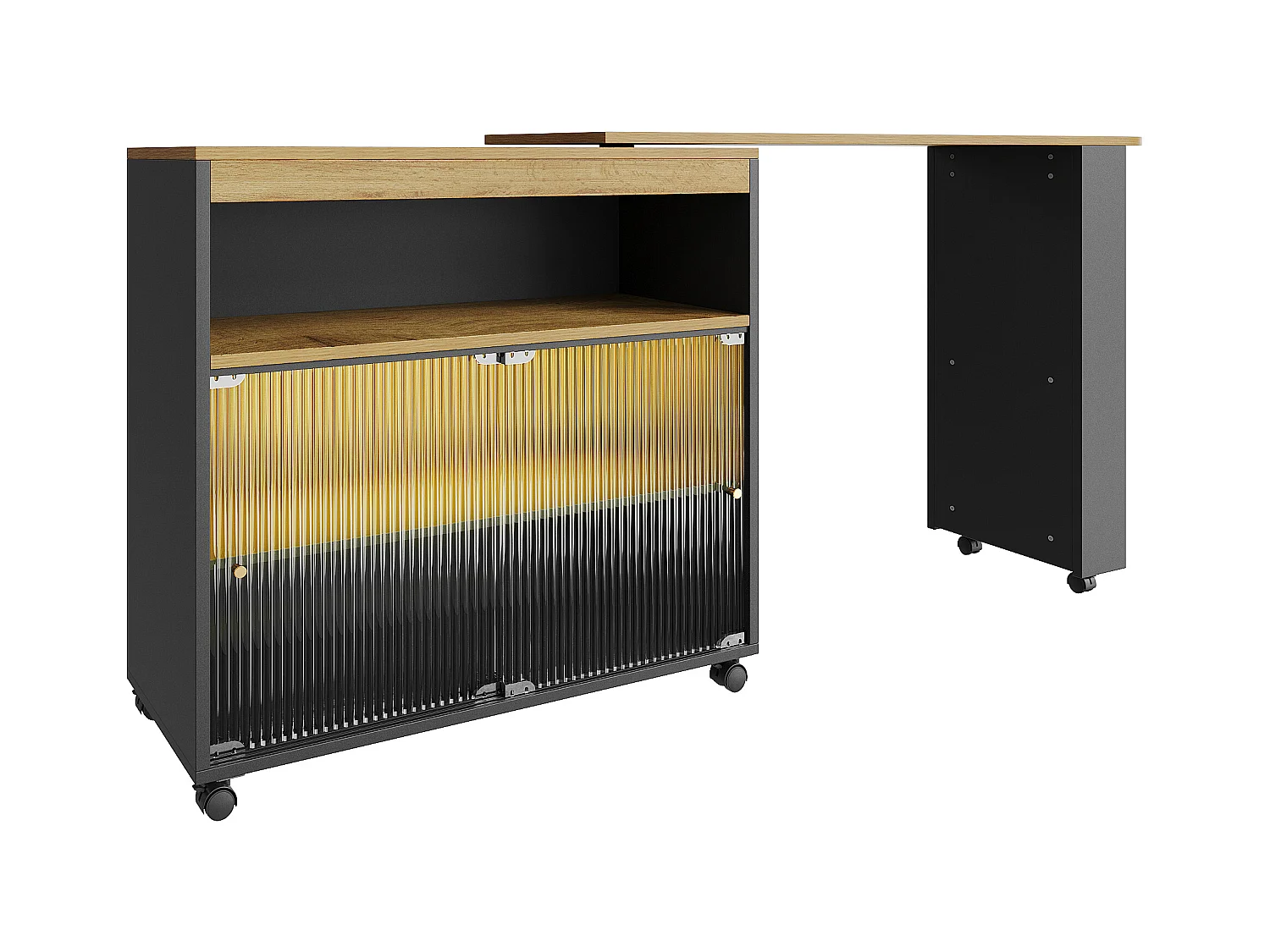 Meuble de bar pivotant sur roulettes avec 2 portes coulissants en verre, 1 niche et Étagères, LED inclus, MDF, noir - 138x39x105cm