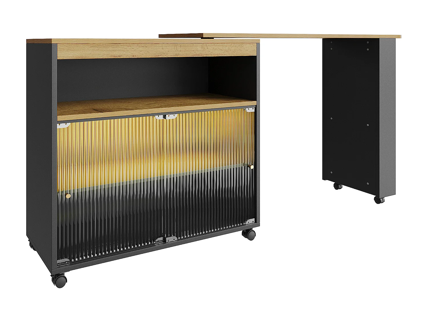 Meuble de bar pivotant sur roulettes avec 2 portes coulissants en verre, 1 niche et Étagères, LED inclus, MDF, noir - 138x39x105cm