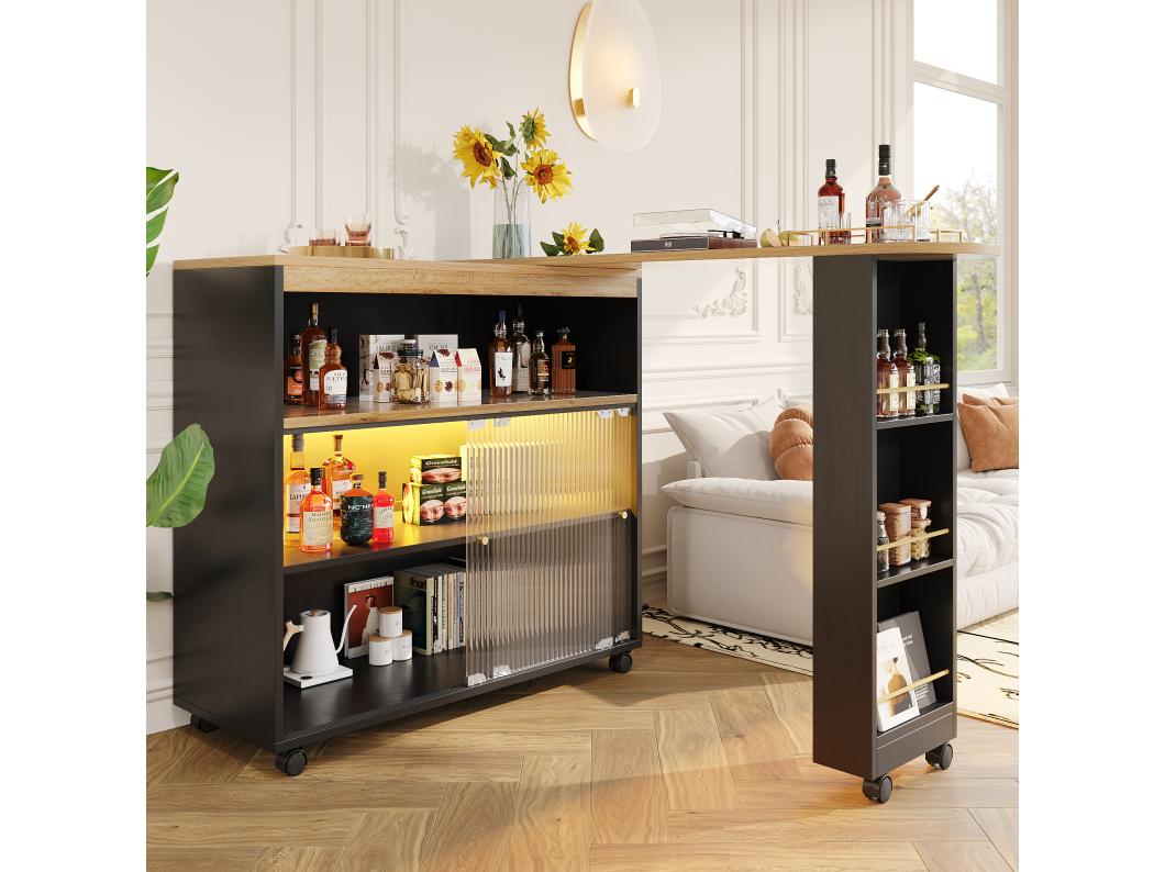 Mueble bar giratorio con ruedas con 2 puertas correderas de cristal, 1 nicho y estantes, LED incluido, MDF, negro - 138x39x105cm