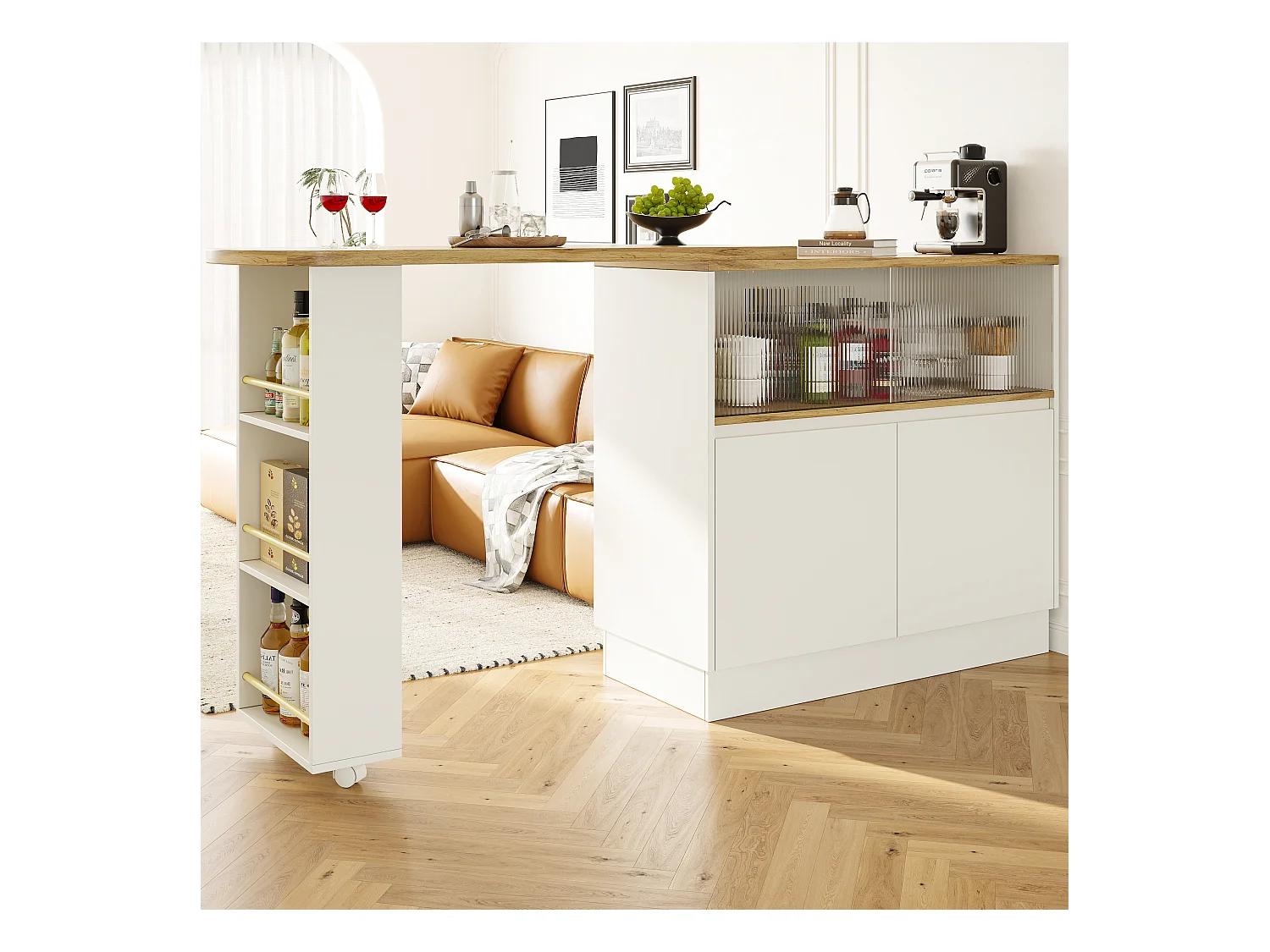 Draaibare barkast met 4 deuren waarvan 2 glazen schuifdeuren, inclusief open planken, witte behuizing - 120x45x103cm