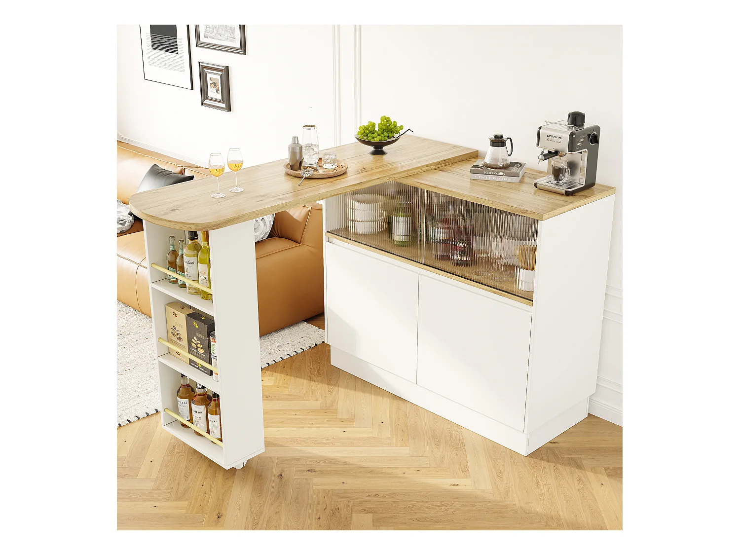 Meuble de bar pivotant avec 4 portes dont 2 portes coulissantes en verre, étagères ouvertes inclus, corps blanc - 120x45x103cm