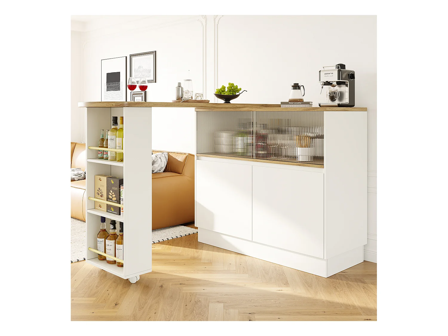 Meuble de bar pivotant avec 4 portes dont 2 portes coulissantes en verre, étagères ouvertes inclus, corps blanc - 120x45x103cm